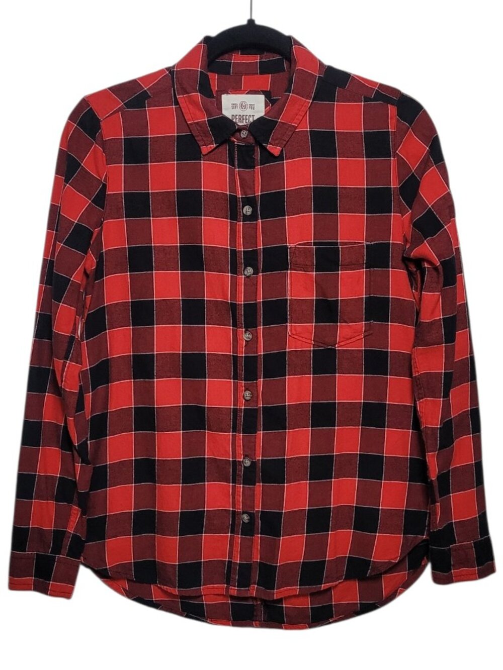 SO Buffalo Plaid Flannel Button Down Shirt Red Black Womens Small Festival